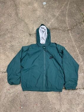 Vintage Nike Big Swoosh Jacket Green Hooded Windbreaker Quilted Lined Y2K XL